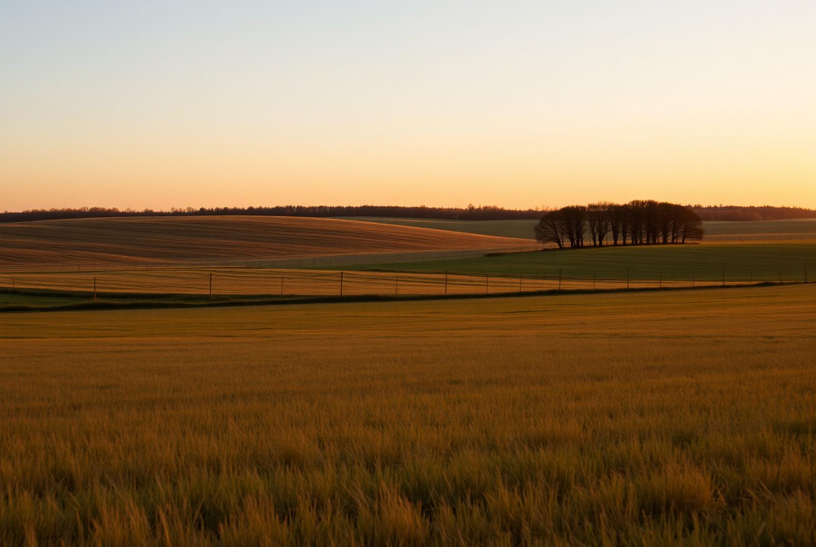 Open rolling farmland and grassland at golden hour beneath a wide sky
