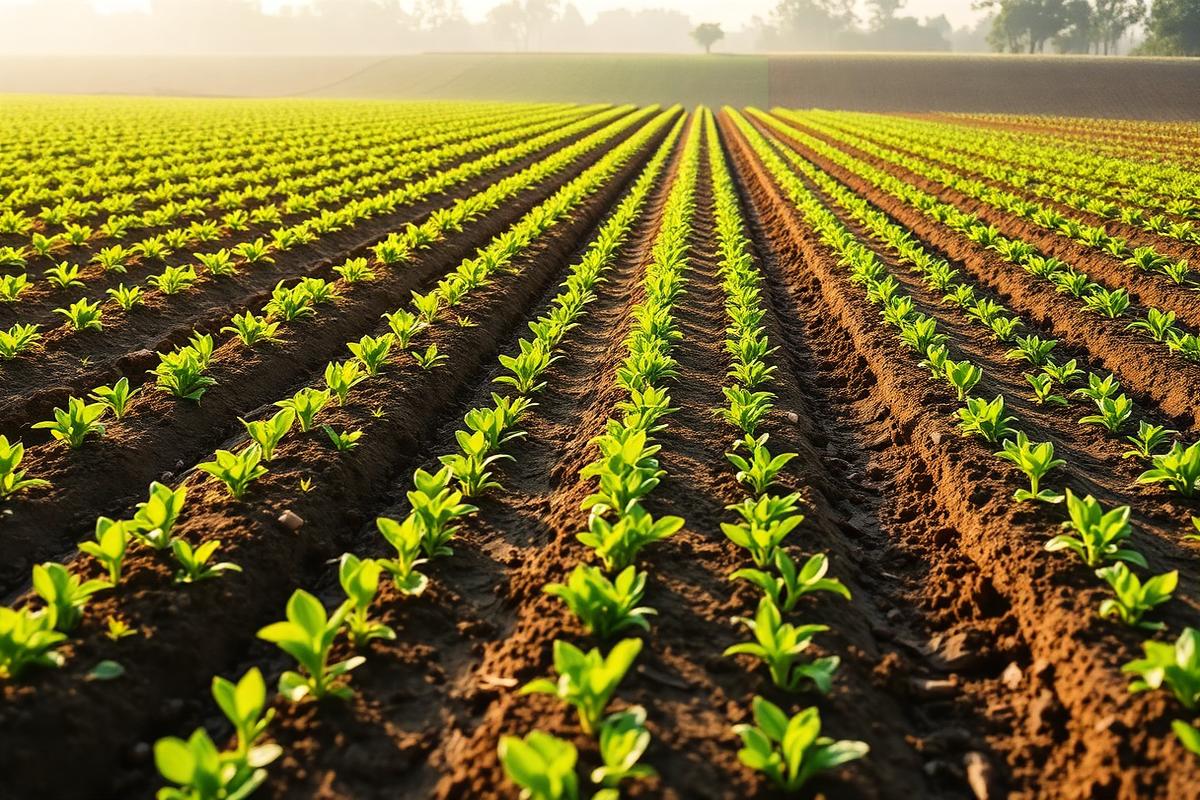 Rows of young crops in dark soil on rural farmland at sunrise
