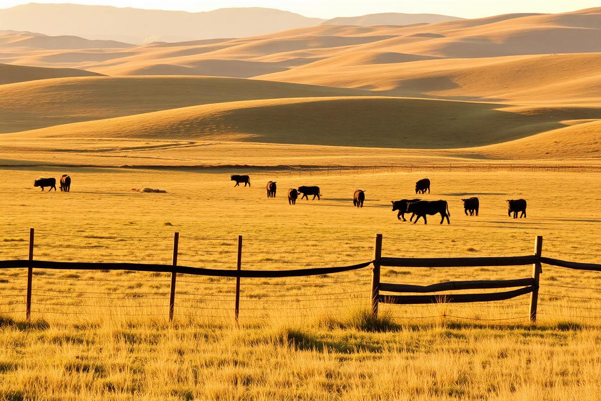 Cattle grazing on open rolling rangeland behind a wooden fence